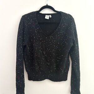 Ichi Black V-Neck Sweater with Multicolor Sequin Speckles